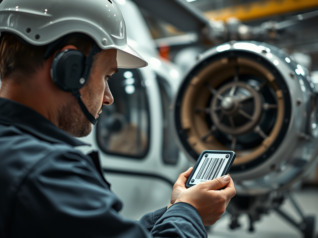 A technician in a helmet and headphones is scanning a barcode on a tablet in front of a helicopter's engine.