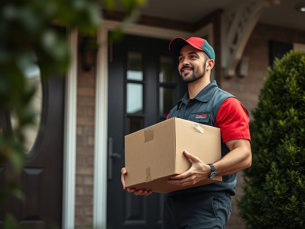 A delivery person wearing a red and gray uniform is holding a cardboard box while standing at a front door.
