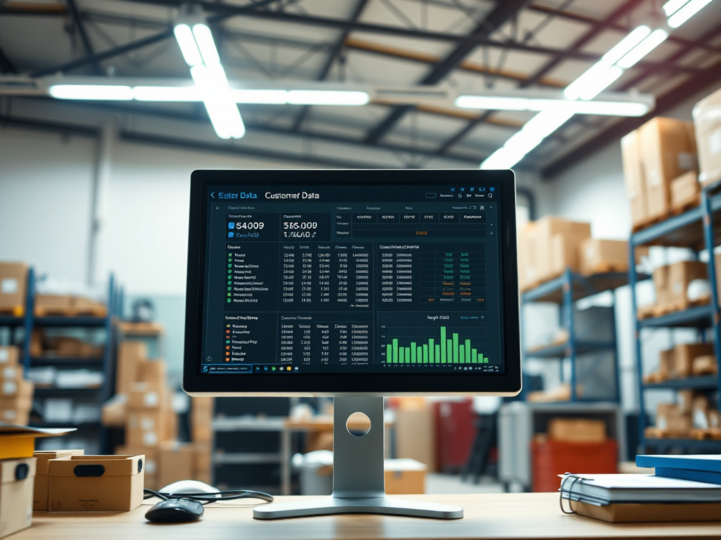 A computer monitor displaying logistics and customer data in a warehouse setting, with shelves stocked with boxes in the background.