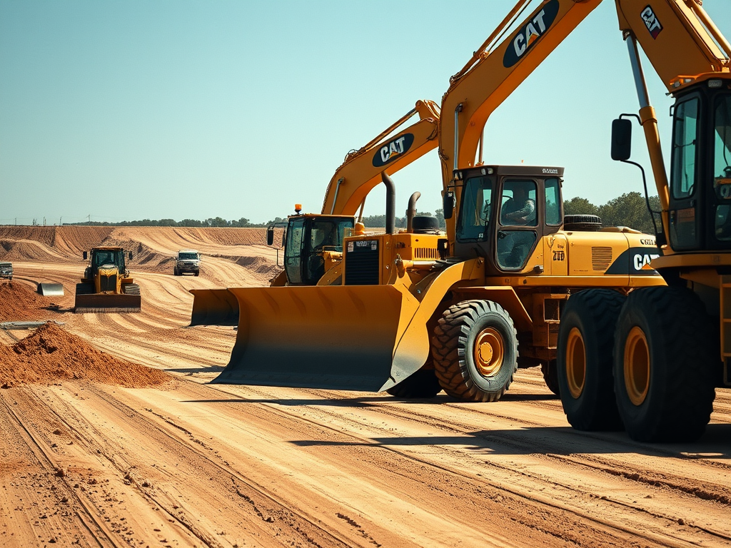 Construction site with heavy machinery, including bulldozers and excavators, working on a dirt road, showcasing the process of road development.