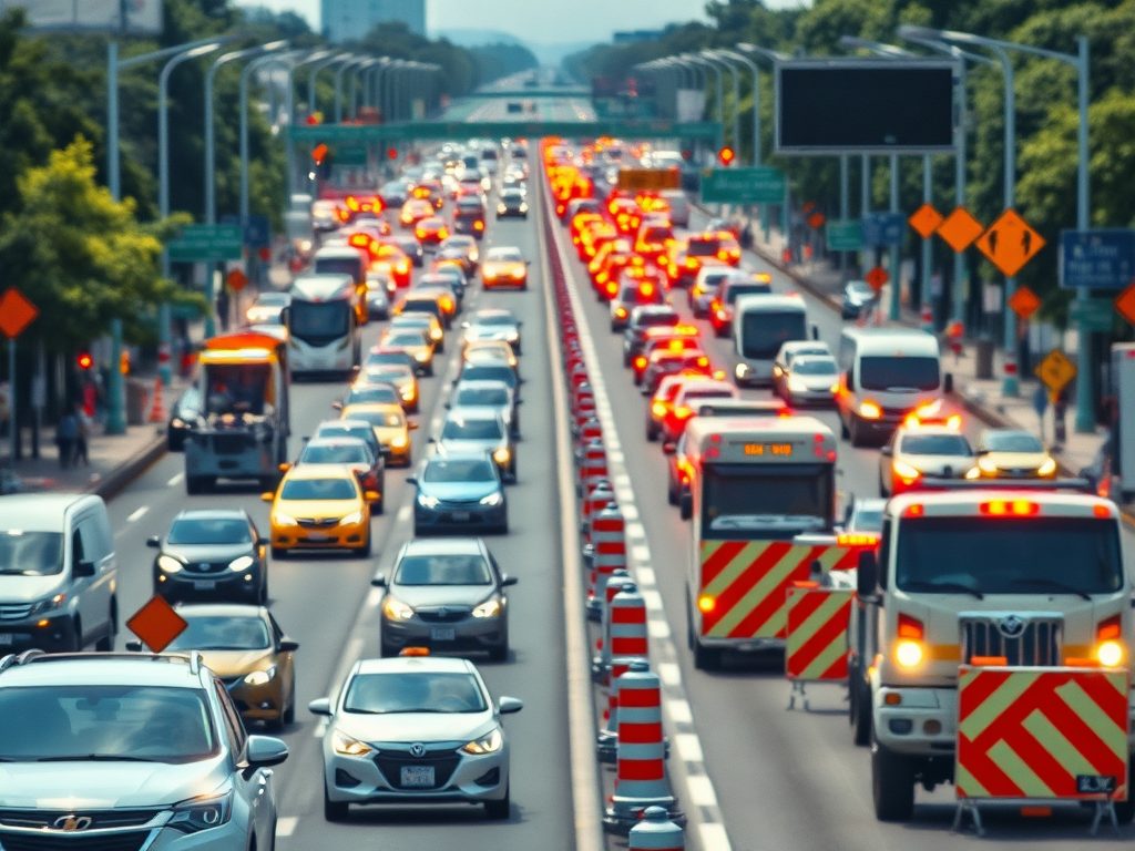 A freeway with six lanes of traffic and flashing beacons along the right lanes.