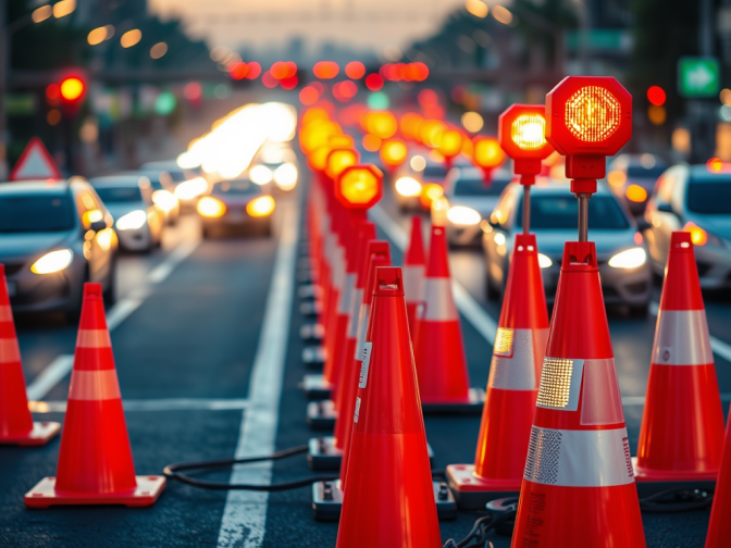 Orange traffic cones lined up on a busy road at dusk.