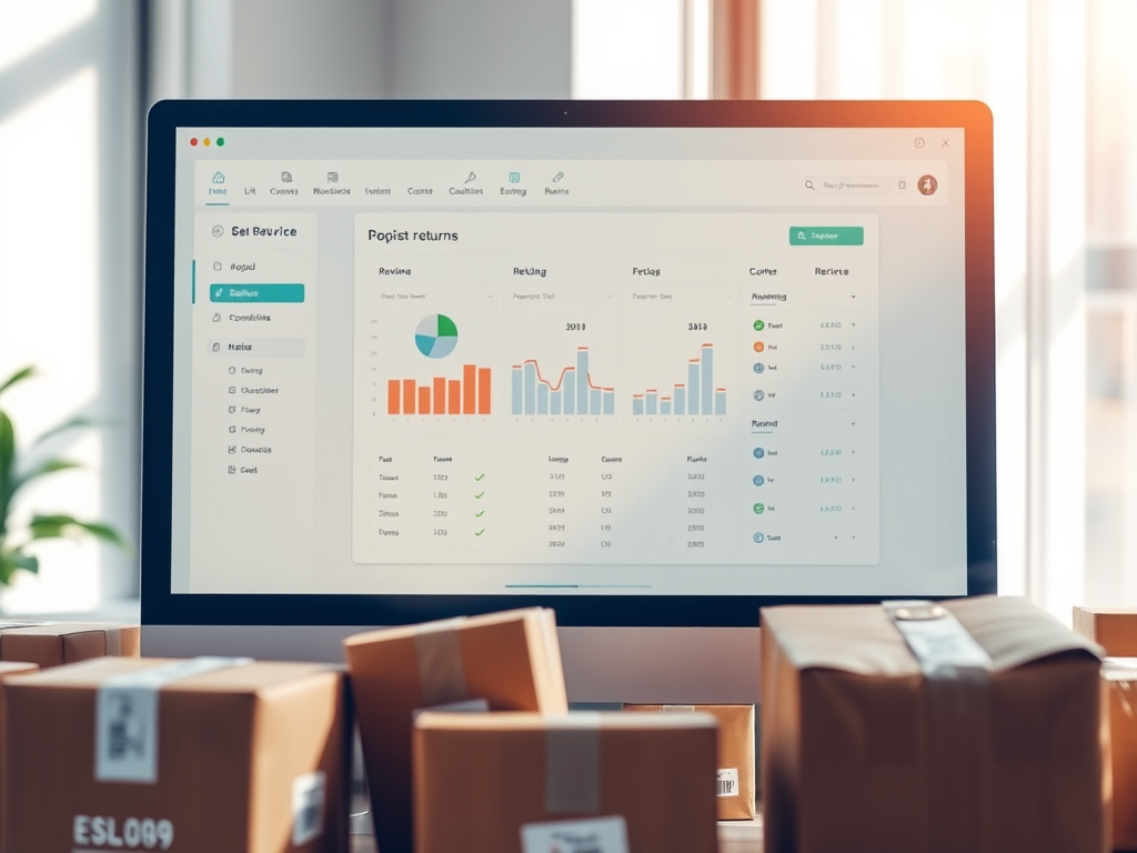 A computer monitor displaying a logistics software interface, featuring graphs and statistics related to product returns, with cardboard boxes in the foreground.