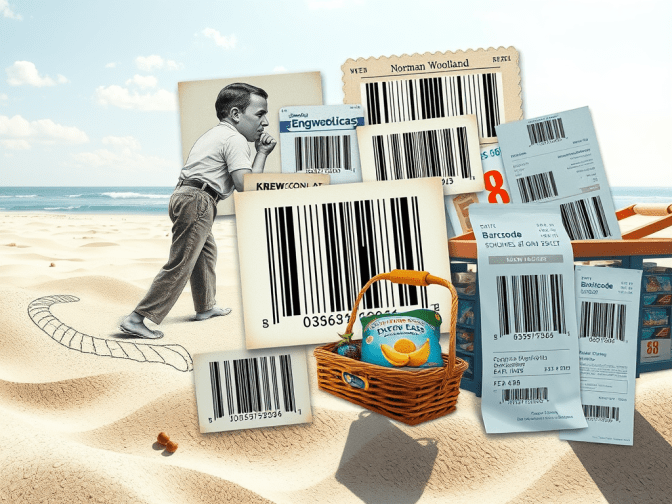 A collage featuring a young boy sketching in the sand at the beach, surrounded by various items and images of barcodes, including grocery packages and historical references to Norman Woodland.