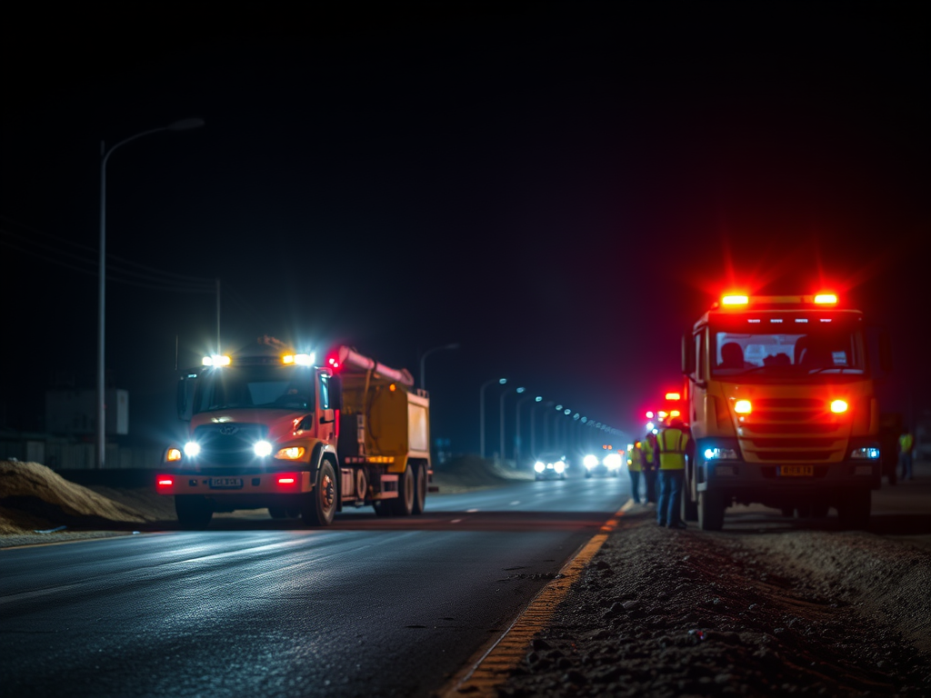 Night scene with two yellow trucks with flashing beacons.