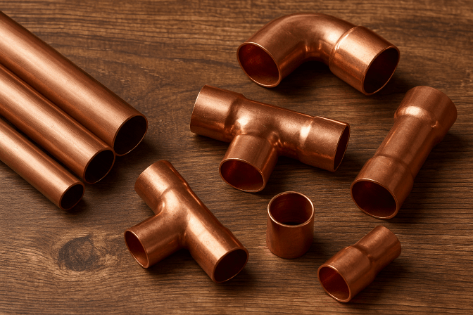 A digital photograph displays copper pipes and fittings arranged on a rustic wooden surface, highlighting the contrast between smooth metal and textured wood.