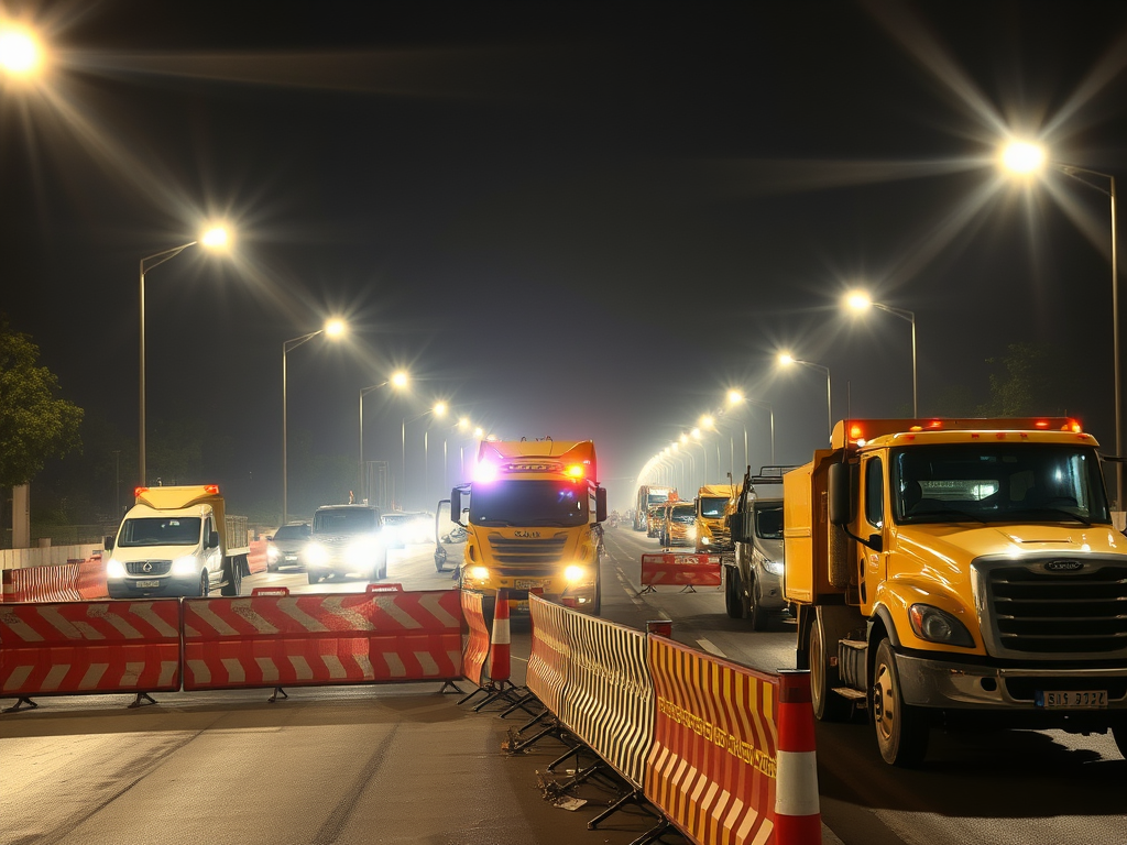 A night time scene with traffic and plastic barriers.