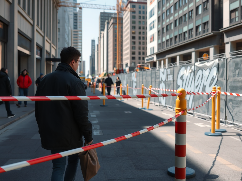 Pedestrians on a city street with tape barriers keeping them away from a construction site.