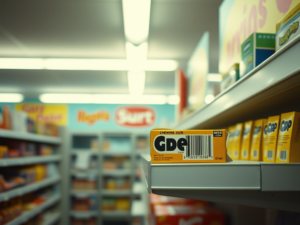A close-up of a brightly colored package of chewing gum featuring a barcode, set on a store shelf. The background shows various other products on display.
