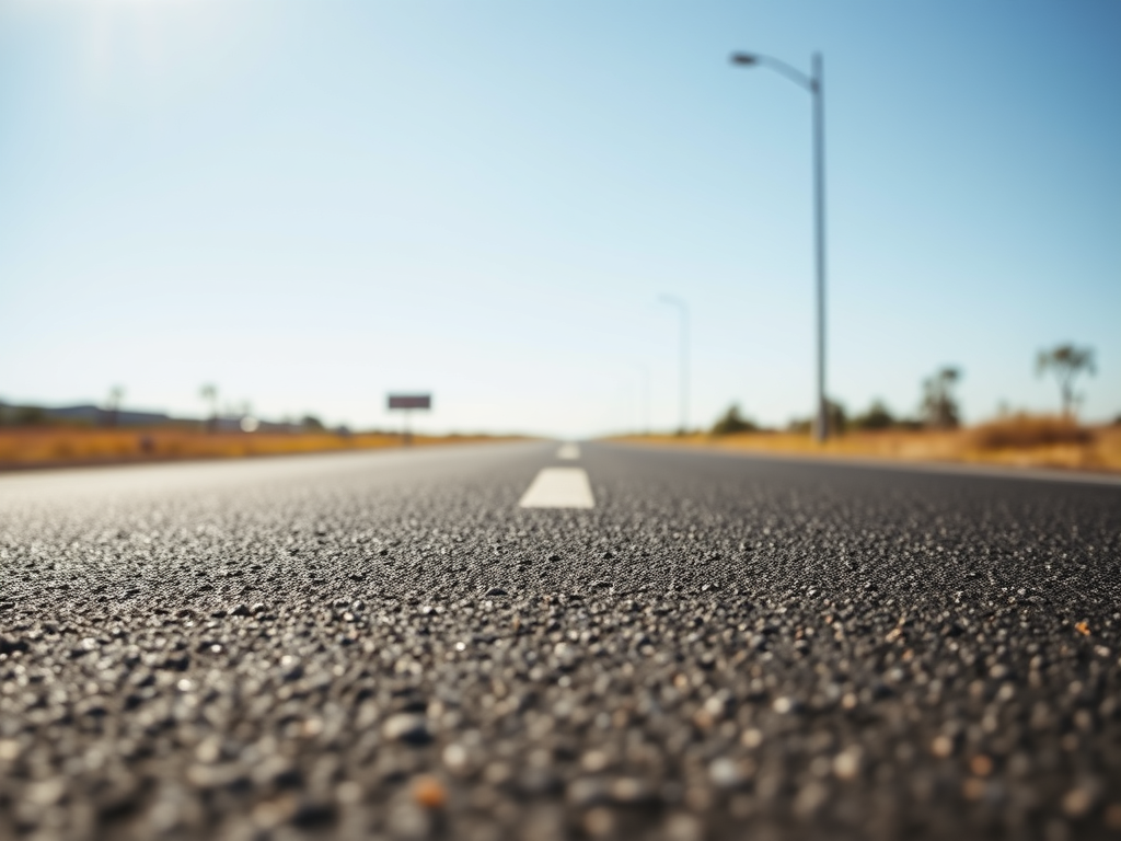 Close-up view of an asphalt road stretching into the distance under a clear blue sky, with streetlights lining the roadside.